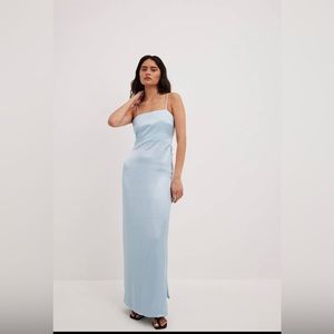NA-KD low back satin light blue maxi dress
